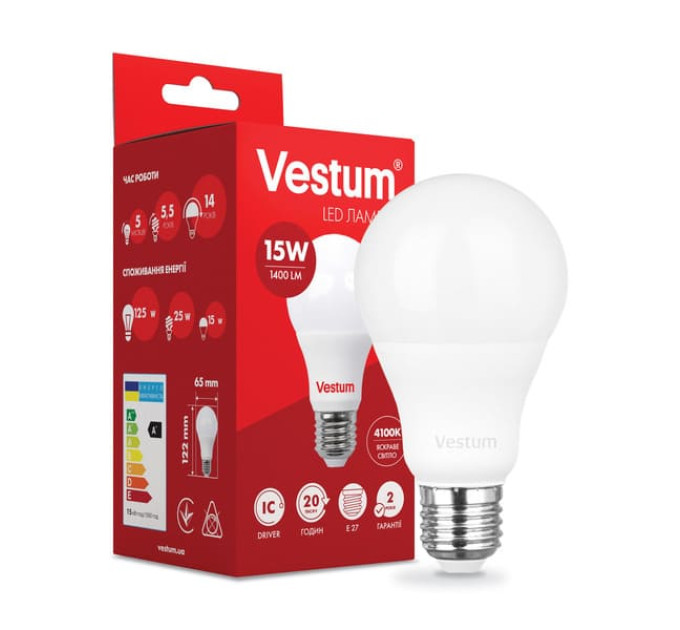 Світлодіодна лампа VESTUM A65 15W 4100K 220V E27 1-VC-1101