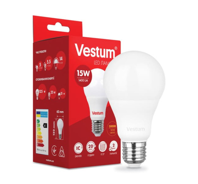 Світлодіодна лампа VESTUM A65 15W 3000K 220V E27 1-VC-1102