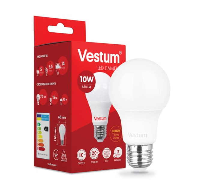 Світлодіодна лампа VESTUM A60 10W 3000K 220V E27 1-VC-1106