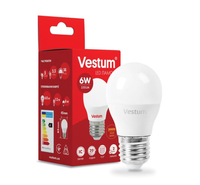 Світлодіодна лампа VESTUM G45 6W 3000K 220V E27 1-VC-1202