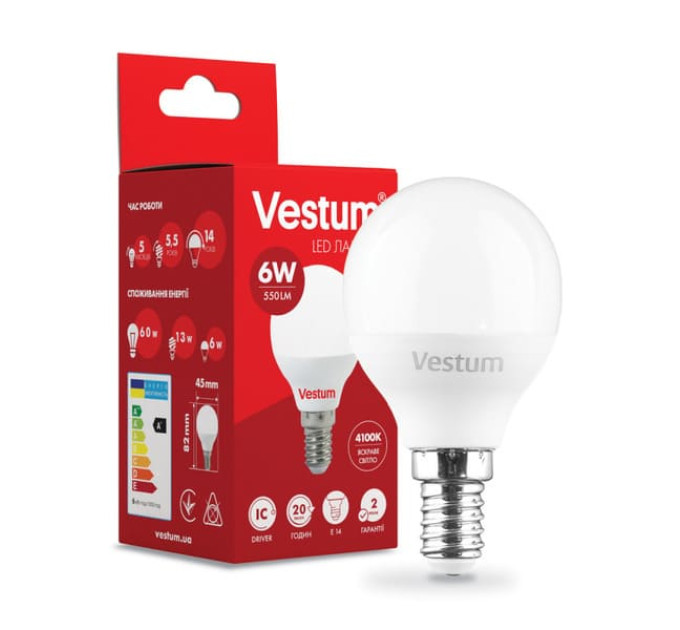 Світлодіодна лампа VESTUM G45 6W 4100K 220V E14 1-VC-1203